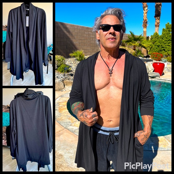 Black Shawl Collar Open Front Asymmetrical Cardigan Duster Pockets 44 M L NWT - Picture 4 of 10